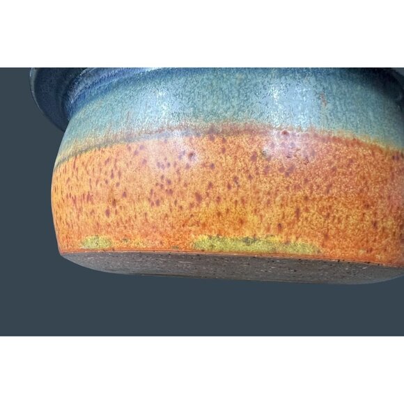 Handcrafted Lidded Stoneware Blue Orange Pottery Casserole Dish By Crystal - Picture 10 of 11